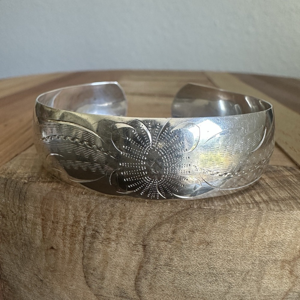 VTG Burkhardt Open Cuff Bracelet 6.5 Inch Adjust Engraved Floral Sterling 8.8g
